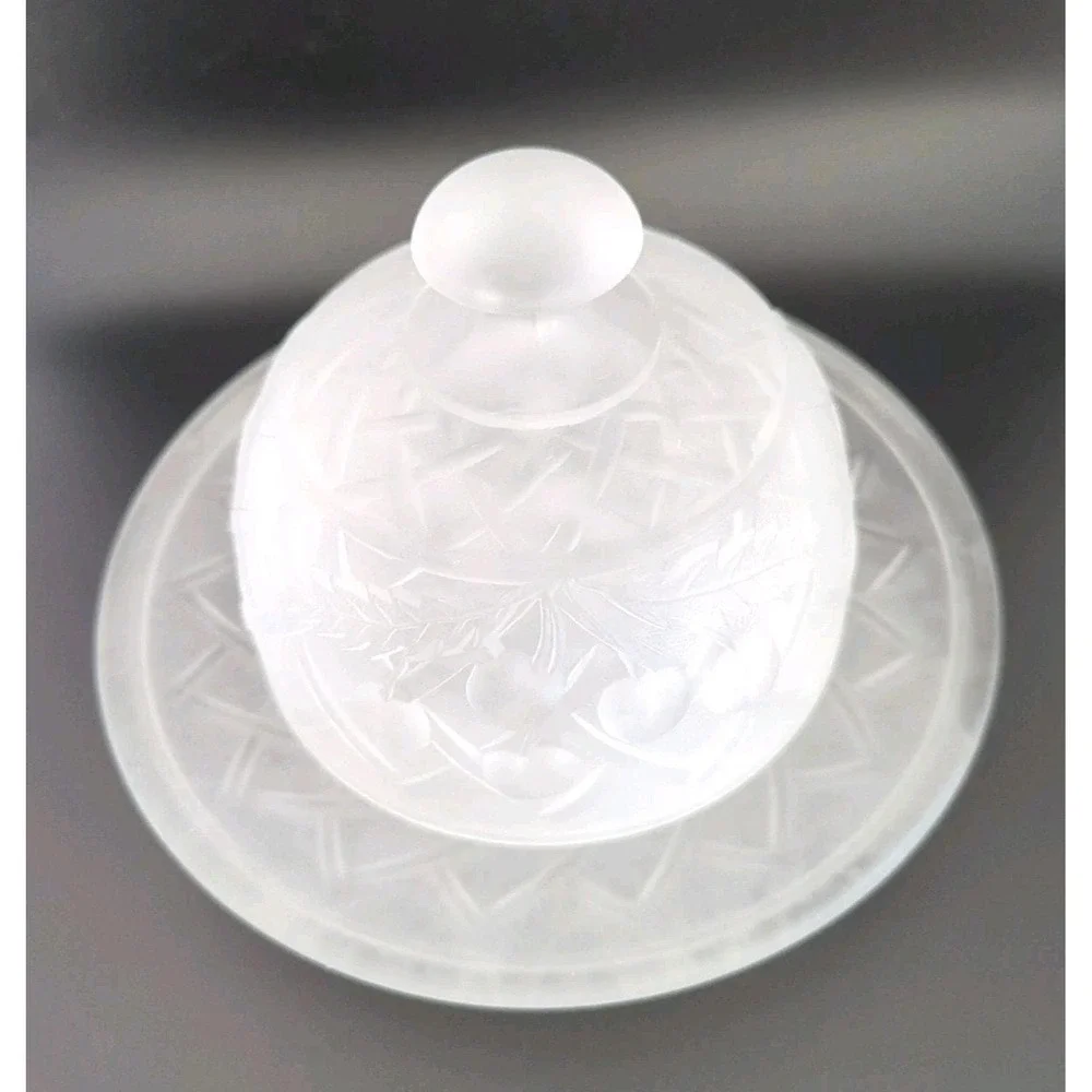 Vintage Frosted Glass Covered Cheese Dish Fruit Pattern Serving Plate w Cloche